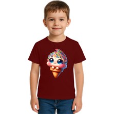 Sedirli Unisex Dondurma Ice Cream Baskılı Çocuk Tişört Pamuklu Penye Kumaş