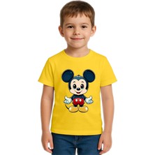 Sedirli Unisex Mıckey Mouse Baskılı Çocuk Tişört Pamuklu Penye Kumaş
