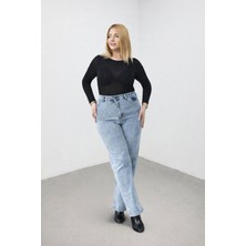 Weak Blue Büyük Beden Kadın Açık Mavi Yüksek Bel Bol Paça Jean Pantolon Geniş Kesim Kot