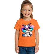 Sedirli Unisex Cat Baskılı Çocuk Tişört Pamuklu Penye Kumaş