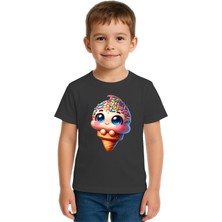 Sedirli Unisex Dondurma Ice Cream Baskılı Çocuk Tişört Pamuklu Penye Kumaş