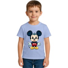 Sedirli Unisex Mıckey Mouse Baskılı Çocuk Tişört Pamuklu Penye Kumaş