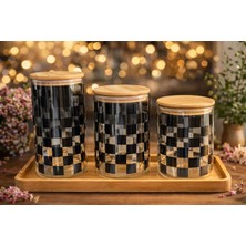 Leylart 3'lü Set Cam Çay Kahve Şeker Saklama Kavanozu - Dama Desenli