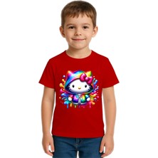 Sedirli Unisex Hello Kity Baskılı Çocuk Tişört Pamuklu Penye Kumaş
