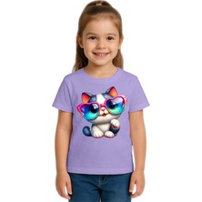 Sedirli Unisex Cat Baskılı Çocuk Tişört Pamuklu Penye Kumaş