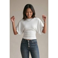 Şiir Wonsa Slim Fit Bele Oturan Geniş Kollu Doğal Viskon Karışımlı Dokulu Jakar Top & Kadın Bluz - Ekru