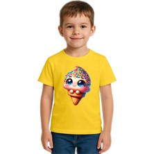 Sedirli Unisex Dondurma Ice Cream Baskılı Çocuk Tişört Pamuklu Penye Kumaş