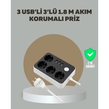 4 Prizli 3 USB Portlu Anahtarlı Akım Korumalı Priz
