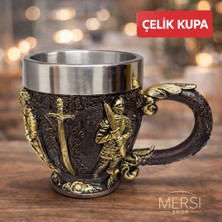 Mersi Shop Şövalye Kabartmalı 3D Paslanmaz Çelik Kupa Bardak Orta Çağ Temalı Dekoratif Kupa