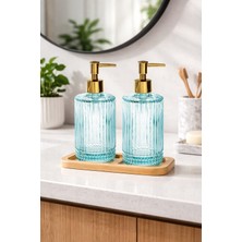 Padilon Ahşap Standlı 2’li Cam Sıvı Sabunluk 500 ml Modern Banyo ve Mutfak Için Dekoratif Cam Sabunluk Seti