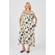 Bacc Ekru Askılı Boncuk Detaylı Çift Cepli Desenli Salaş Elbise BCVL-254027