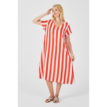 Bacc Mercan V Yaka Kısa Kollu Rahat Kesim Elbise BCVL-254003