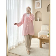 Modamorfo Önü Çift Bağcıklı Petek Desen Kimono -Pembe