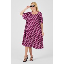 Bacc Fuşya U Yaka Kısa Kollu Midi Boy Desenli Elbise BCVL-254010