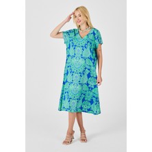 Bacc Yeşil Desenli V Yaka Kısa Kollu Midi Boy Elbise BCVL-254015