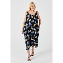 Bacc Sarı Askılı Boncuk Detaylı Çift Cepli Desenli Salaş Elbise BCVL-254027