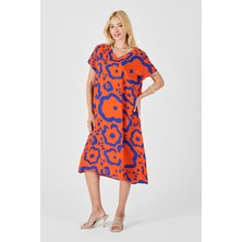 Bacc Turuncu Desenli Derin V Yaka Midi Boy Elbise BCVL-254008