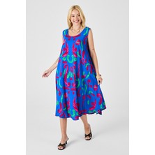 Bacc Mavi U Yaka Kolsuz Asimetrik Kesim Midi Boy Elbise BCVL-254017