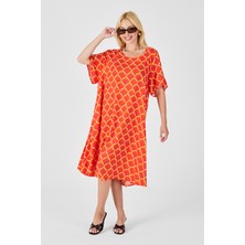 Bacc Turuncu U Yaka Kısa Kollu Midi Boy Desenli Elbise BCVL-254010