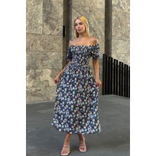 Bacc Mix Kare Yaka Beli Gipeli Çiçek Desenli Dokuma Yazlık Elbise BCVL-25V095