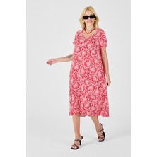 Bacc Kırmızı Derin V Yaka Kısa Kollu Çizgi Desenli Midi Boy Elbise BCVL-254004