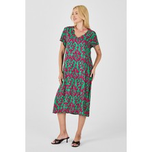 Bacc Yeşil-Fuşya Desenli V Yaka Midi Boy Elbise BCVL-254014