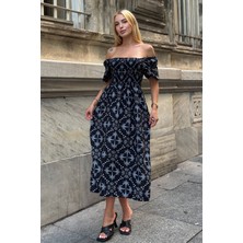 Bacc Siyah Kare Yaka Beli Çiçek Desenli Dokuma Yazlık Elbise BCVL-25V095-1