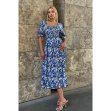 Bacc Mavi Kare Yaka Beli Gipeli Çiçek Desenli Dokuma Yazlık Elbise BCVL-25V095