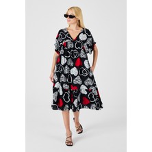 Bacc Kırmızı-Siyah V Yaka Oversize Kesim Desenli Çift Cepli Volanlı Elbise BCVL-254028