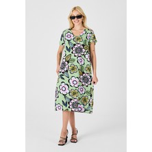 Bacc Fıstık Yeşili Derin V Yaka Çiçek Desenli Midi Boy Elbise BCVL-254005