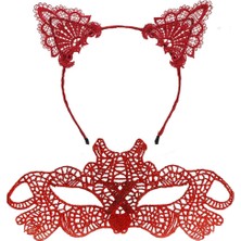 Ateş Kırmızısı Dantel Taç ve Maske Seti 10 No - Maskeli Balo &amp; Özel Gün Seti Arlstrtch-R