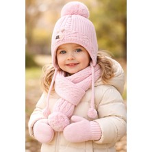 Almira Anne Bebek Kız Bebek Yünlü Atkı Bere Eldiven Seti Pembe Renk