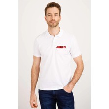 Erkek Pike Yakalı Tişort Düğmeli  Baskılı T-Shirt  - Beyaz