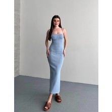 Denivy Sırtı Çapraz Askılı Bağcıklı Askılı Triko Elbise