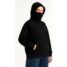 Giyim Center Kadın Samuray Ninja Çift Kapüşonlu Maske Detaylı Fermuarlı Kanguru Cepli Hoodie - Siyah