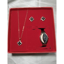 Mumicemum Hediyelik Kadın Oval Taşlı Saat ve Kolye+Küpe 4li Takı Seti,