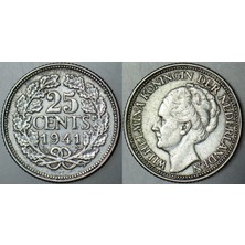 Banknoting Hollanda 25 Cent 1941 Gümüş 3,57 Gr. Iı. Dünya Savaşı-Kraliçe Wilhelmina Dönemi.