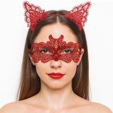 Selfbuysell Ateş Kırmızısı Dantel Taç ve Maske Seti 10 No - Maskeli Balo  Özel Gün Seti