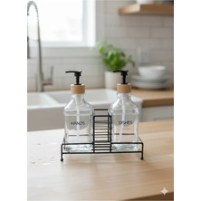 Makri Home Stantlı Bambu Kapaklı Ikili Cam Sıvı Sabunluk & Deterjanlık Seti – 2×500 Ml, 22,5 × 8,5 × 24 cm
