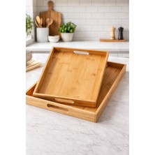 Makri Home %100 Bambu 2’li Tepsi Seti, Büyük Tepsi: 38 x 27 x 3 Cm, Küçük Tepsi: 35 x 23 x 3 cm