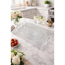 Makri Home 50X34 cm Şeffaf Motifli Büyük Boy Plastik Kulplu Tepsi, Şık Kristal Sunum Tepsisi