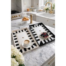 Makri Home 2 Adet Çizgili Desenli Servis Tepsisi 38X28X3,5 Cm, Siyah-Beyaz