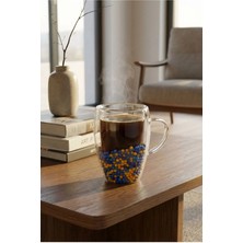 Makri Home Çift Cidarlı Sarı Lacivert Cam Kupa 350 ml – Isıya Dayanıklı