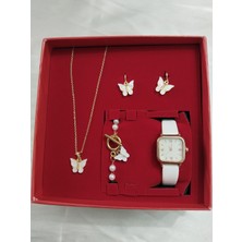 Mumicemum Hediyelik Kadın Sedef Kelebek Saat ve Kolye+Küpe+Bileklik 5li Takı Seti