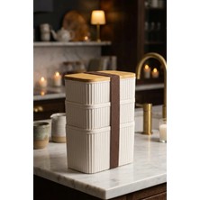 Makri Home 3'lü Bambu Kapaklı Saklama Kabı Seti – 1l + 0,5l + 0,5l, Üst Üste Yerleştirilebilir, 21 cm Yükseklik