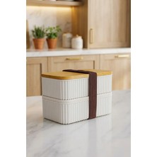 Makri Home Bambu Kapaklı 2'li Saklama Kabı Seti – 0,5+0,5 Litre – Üst Üste Konabilir – 15X9X10 cm
