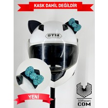 3dpazarıcom Motor & Motosiklet Turkuaz Simli Fiyonklu Siyah Kedi Kulak Kask Dış Aksesuarı