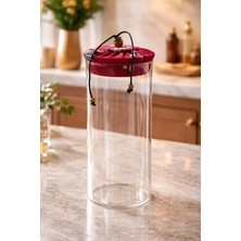 Makri Home 1000 ml Borosilikat Cam Hava Geçirmez Kırmızı Kumaş Kaplama Bambu Kapaklı Kavanoz,çap:8 Cm, H:25 cm