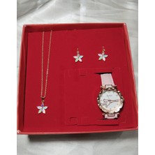 Mumicemum Hediyelik Kadın Papatya Saat ve Kolye+Küpe 4li Takı Seti