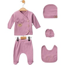 Bamoola Organik Kız Bebek Kulaklı Tavşan Desenli 5'li Tulum Hastane Çıkışı Yenidoğan Kıyafet Mama Önlüğü